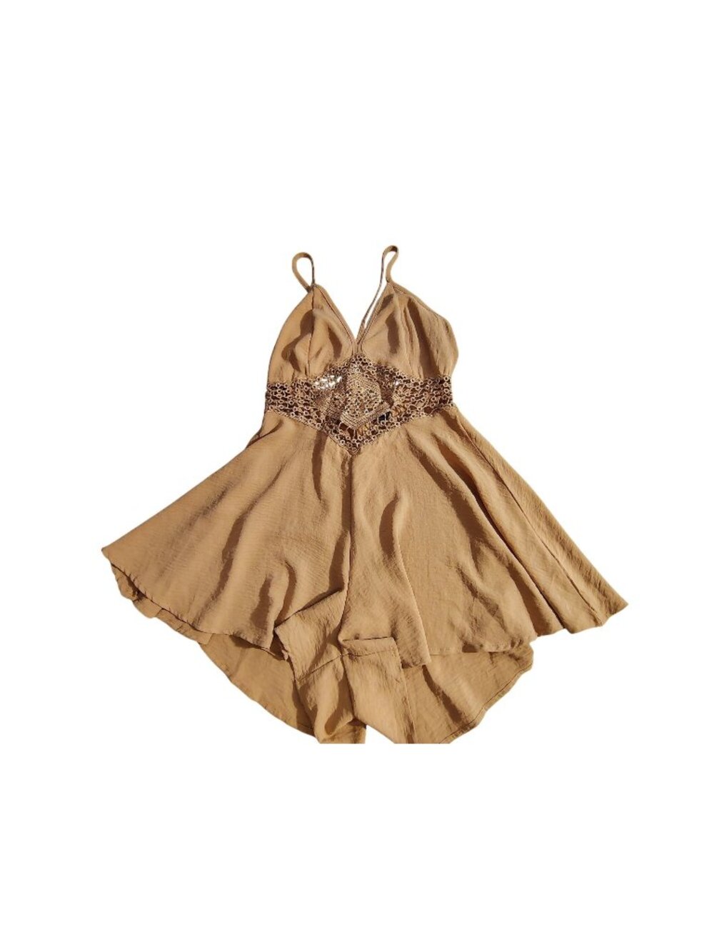 Shein WomensTan Sleeveless Romper With Crochet Lace Waist & High-Low Hem Size S